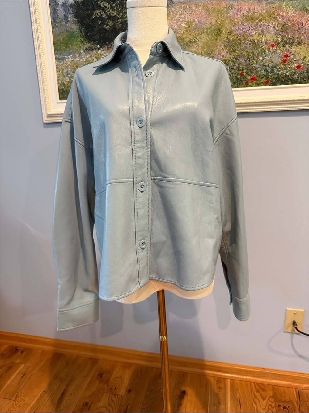 Babaton Pale Blue Faux Leather Button-Front Jacket
